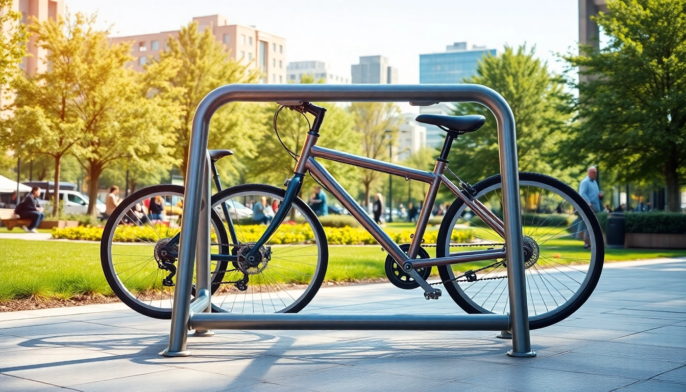 Showcasing a modern bike rack in an urban environment, allowing for easy bicycle access.
