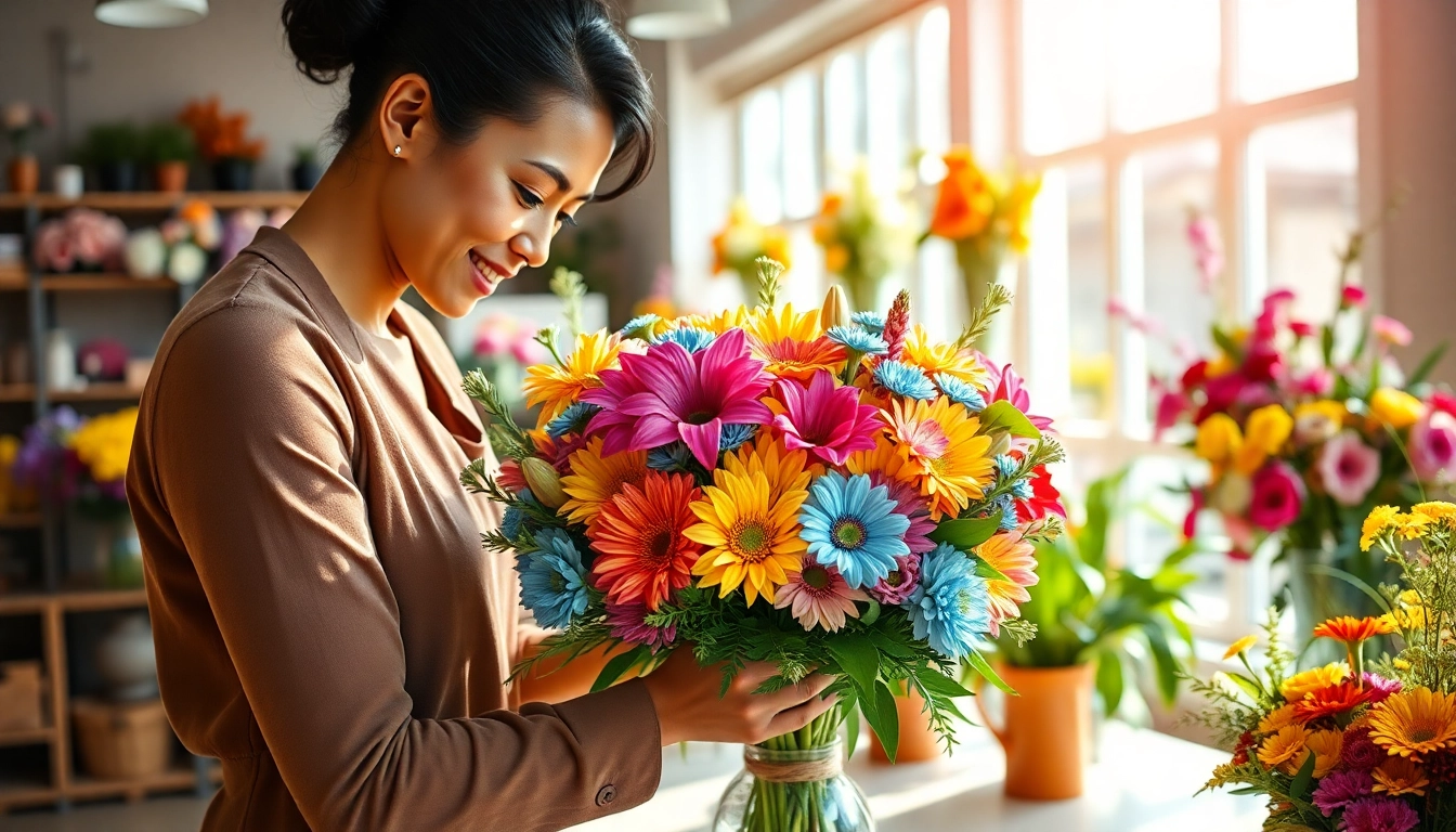 Florist Wollert creating a vibrant bouquet surrounded by beautiful fresh flowers.