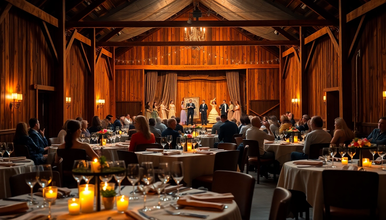 Barn dinner theater featuring a cozy dining atmosphere with a live musical performance.
