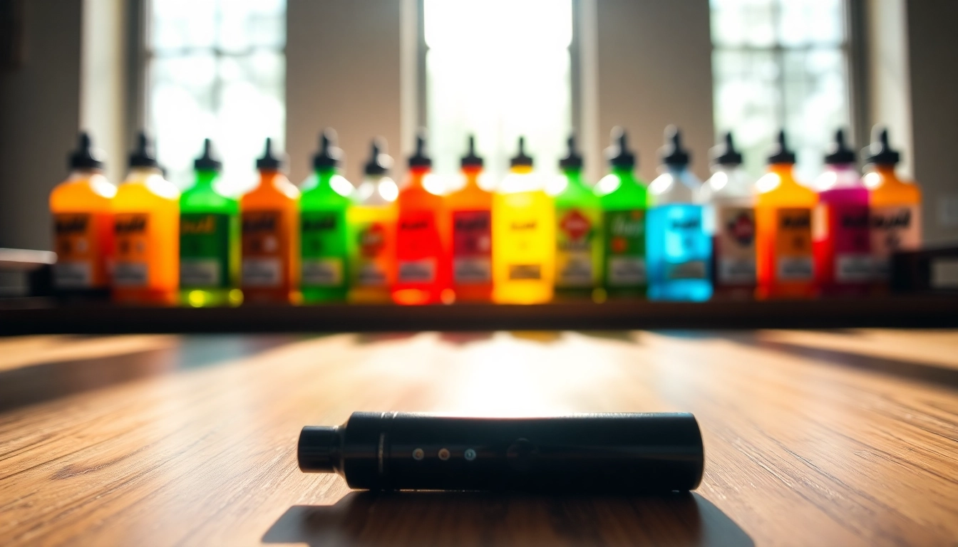 Showcasing HQD Cuvie disposable vape device with colorful juice bottles on wooden table.