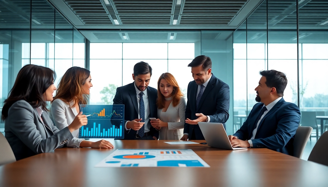 Sales professionals analyzing competitive intelligence for sales in a collaborative office environment.