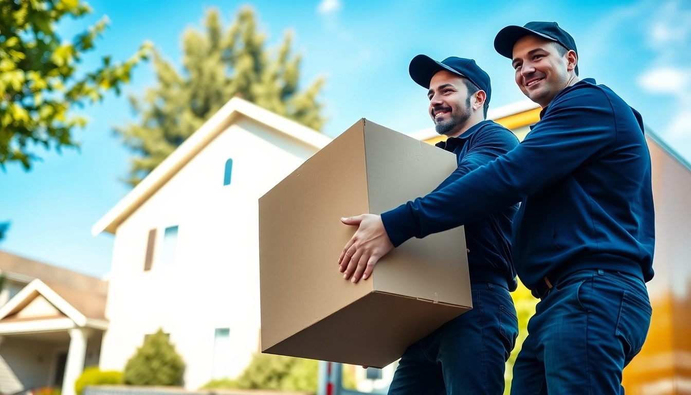 Two professional movers calgary lifting a box with care during a residential move.