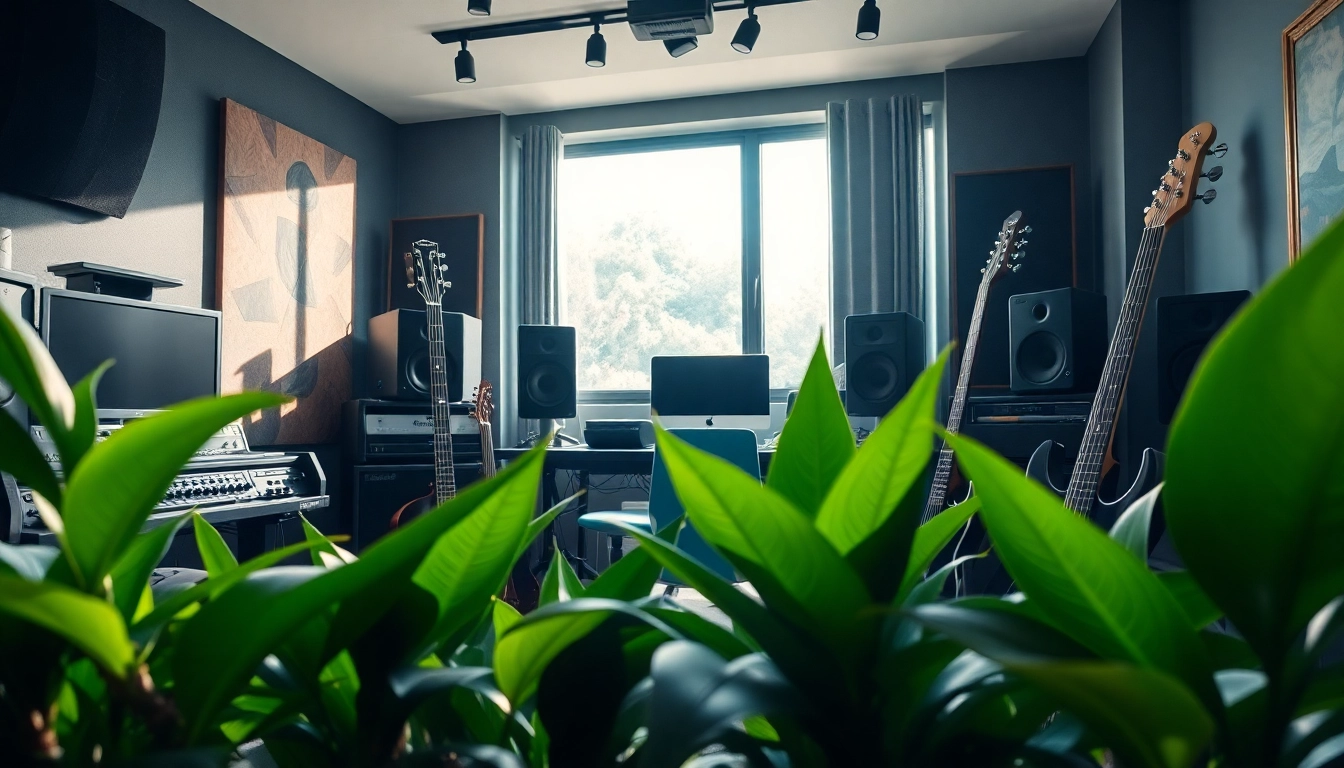 Bass one shot samples showcased in a vibrant music studio setup with instruments and equipment.