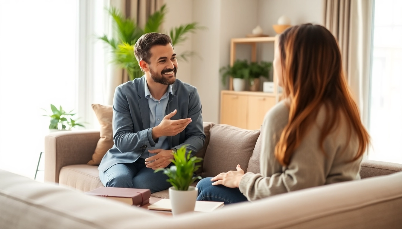 Supportive conversation addressing Depression in a serene therapy environment with warm lighting.