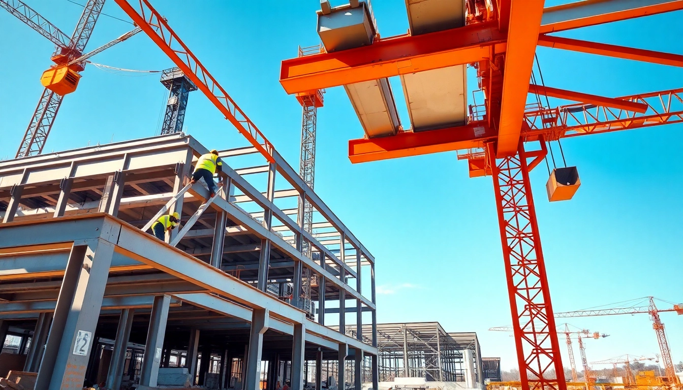 Workers engaged in structural steel construction, showcasing assembly and building progress.