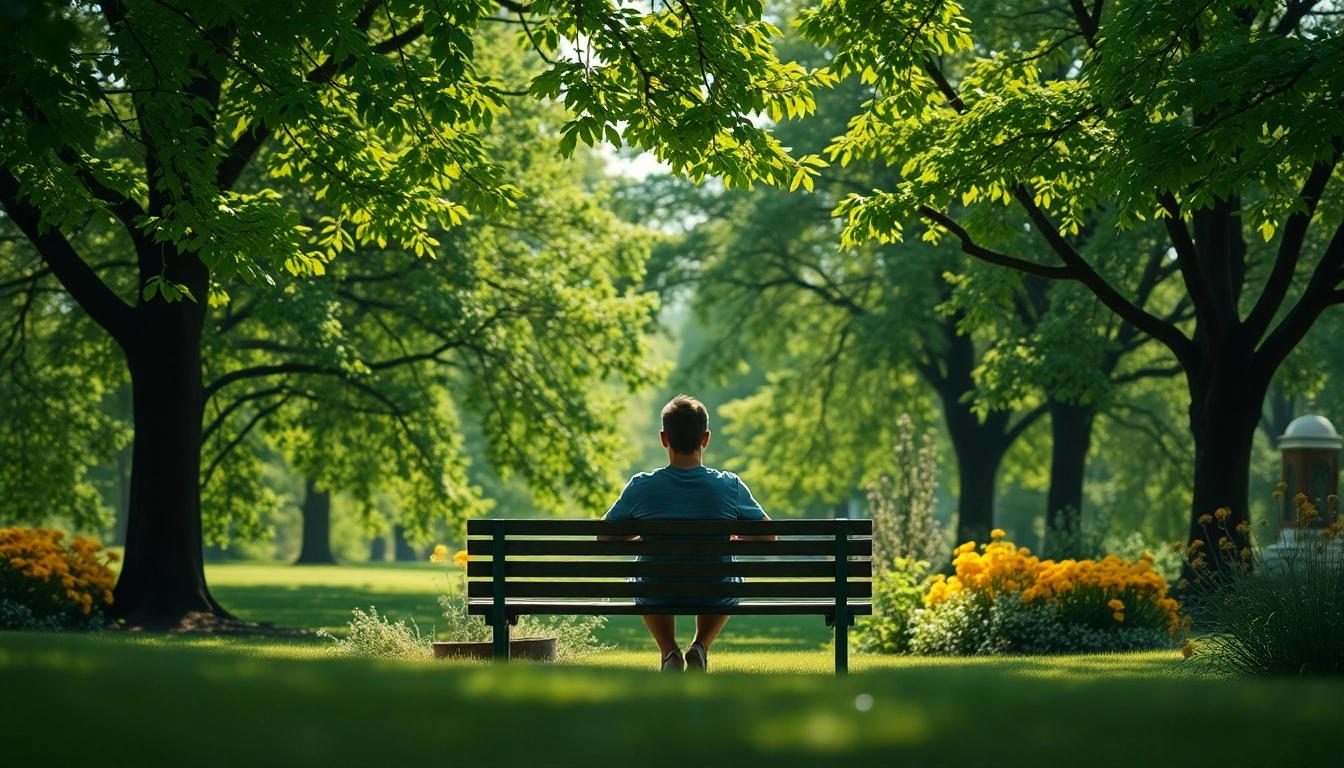 Person reflecting on dealing with depression in a serene park setting, surrounded by nature.