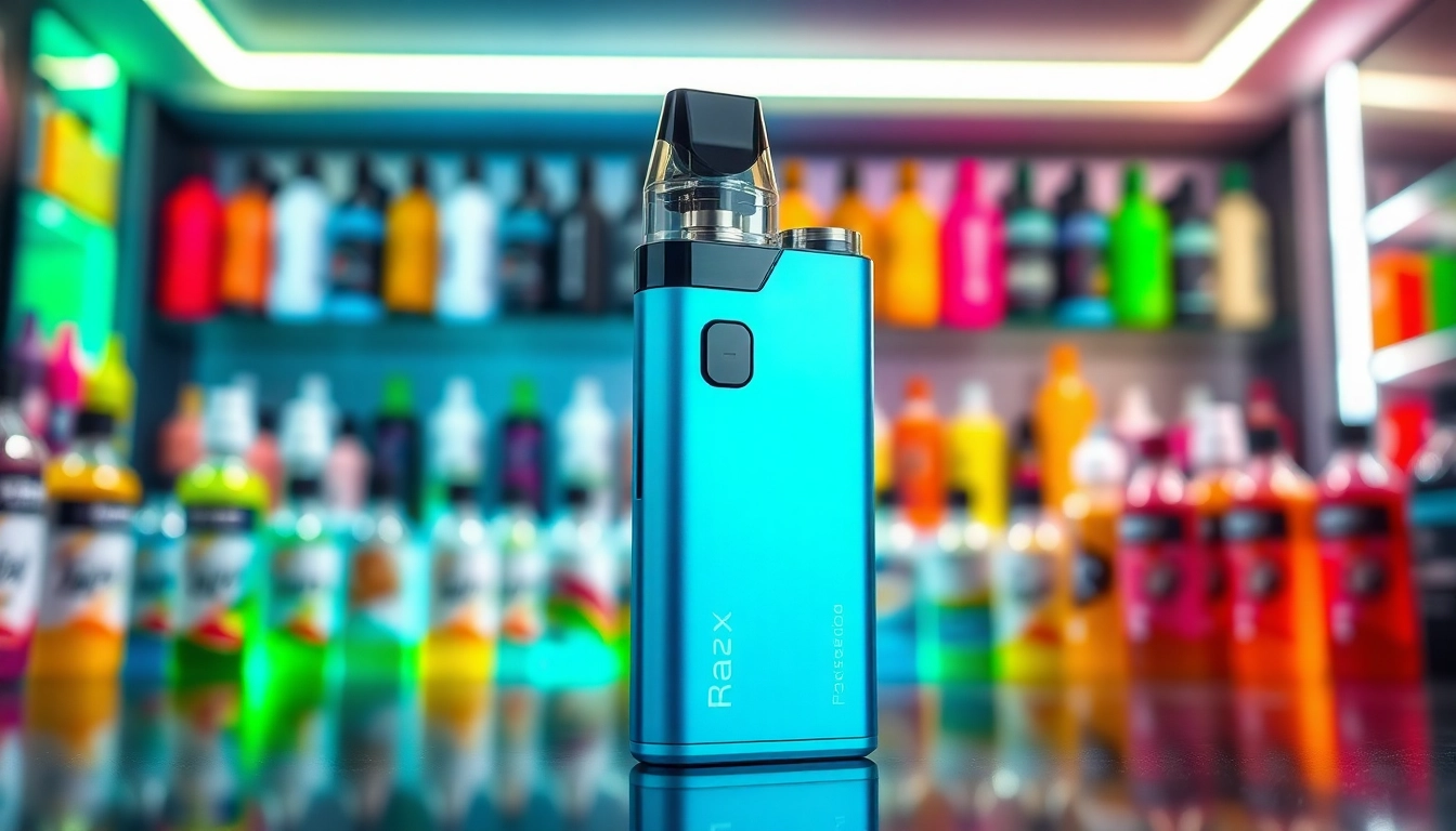 Showcase the Raz LTX 25K FROZEN Edition disposable vape in a vibrant vape shop setting.
