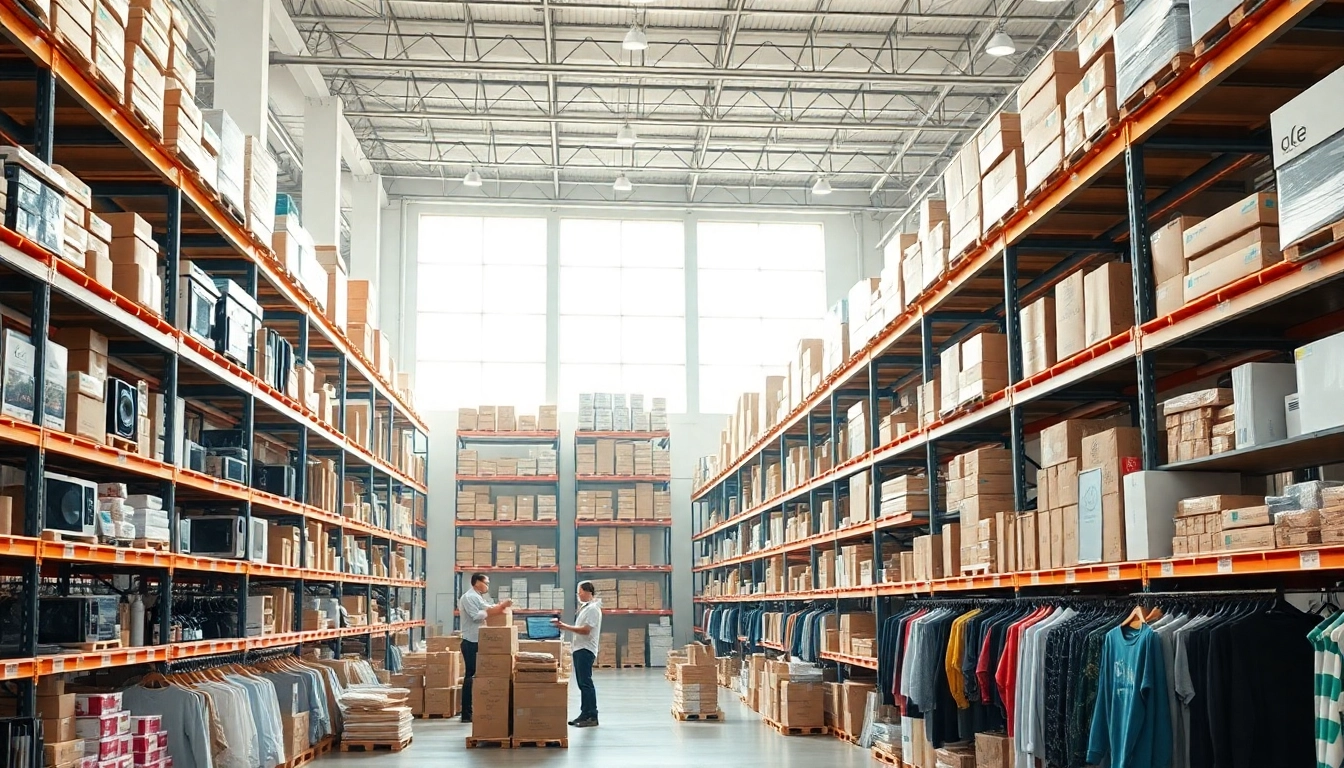 Visualize efficient eCommerce setup emphasizing fba wholesale with organized shelves of diverse products.